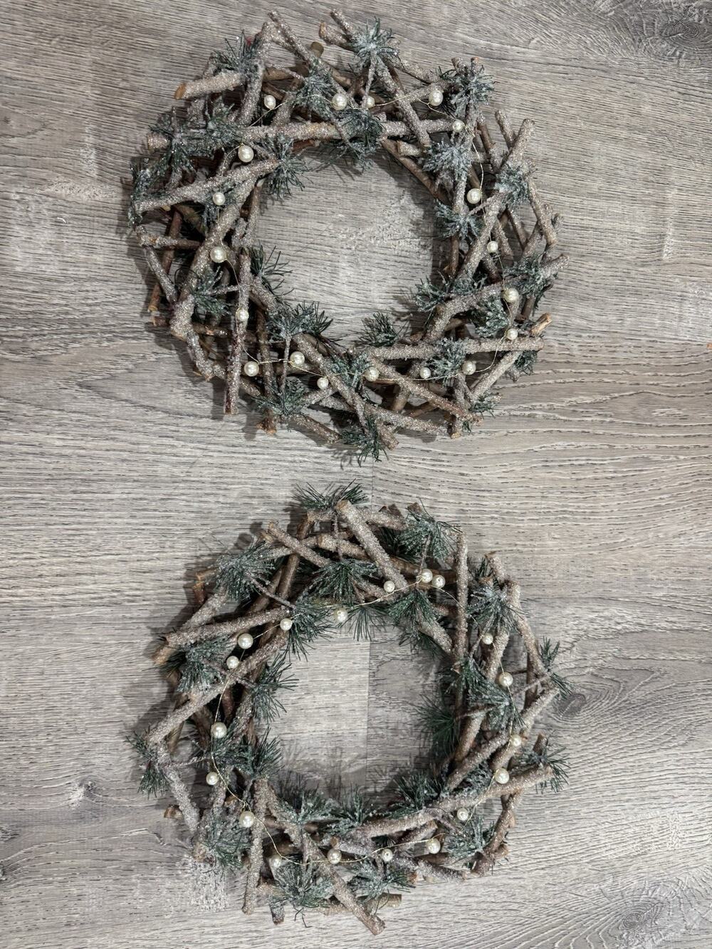 Pair of Vintage Frosted Christmas Wreaths~ 11” Pearls